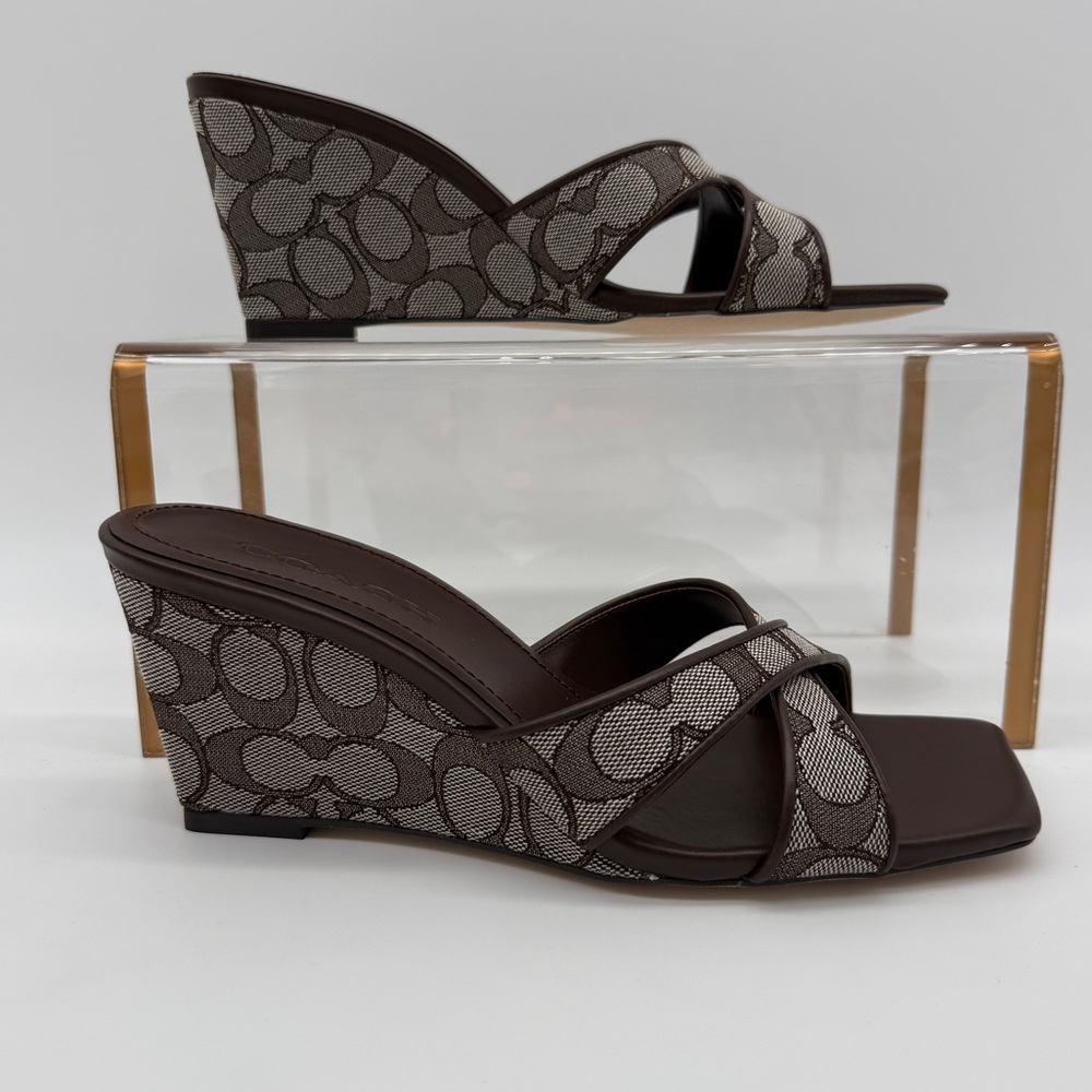 Coach Wedge Sandal In Signature Jacquard Oak Maple - Picture 3 of 12